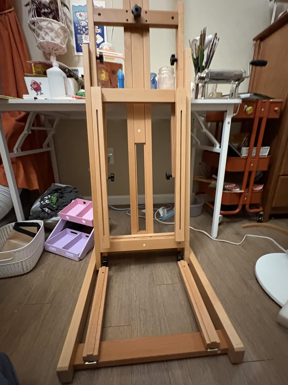 MEEDEN Versatile Studio H-Frame Easel - All Media Adjustable Beech Wood Studio Easel, Painting Floor Easel Stand, Movable and Tilting Flat Available, Holds Canvas Art up to 77