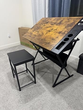 VECELO Drafting Table Art Desk Art Table Adjustable Drawing Table Tilted Tabletop with 2 Storage Drawers and Stool, Drawing Desk for Artist Painters Drawing, Crafting, Reading, Writing, Rustic Brown customer photo 1