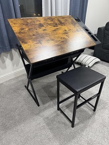VECELO Drafting Table Art Desk Art Table Adjustable Drawing Table Tilted Tabletop with 2 Storage Drawers and Stool, Drawing Desk for Artist Painters Drawing, Crafting, Reading, Writing, Rustic Brown customer photo 2
