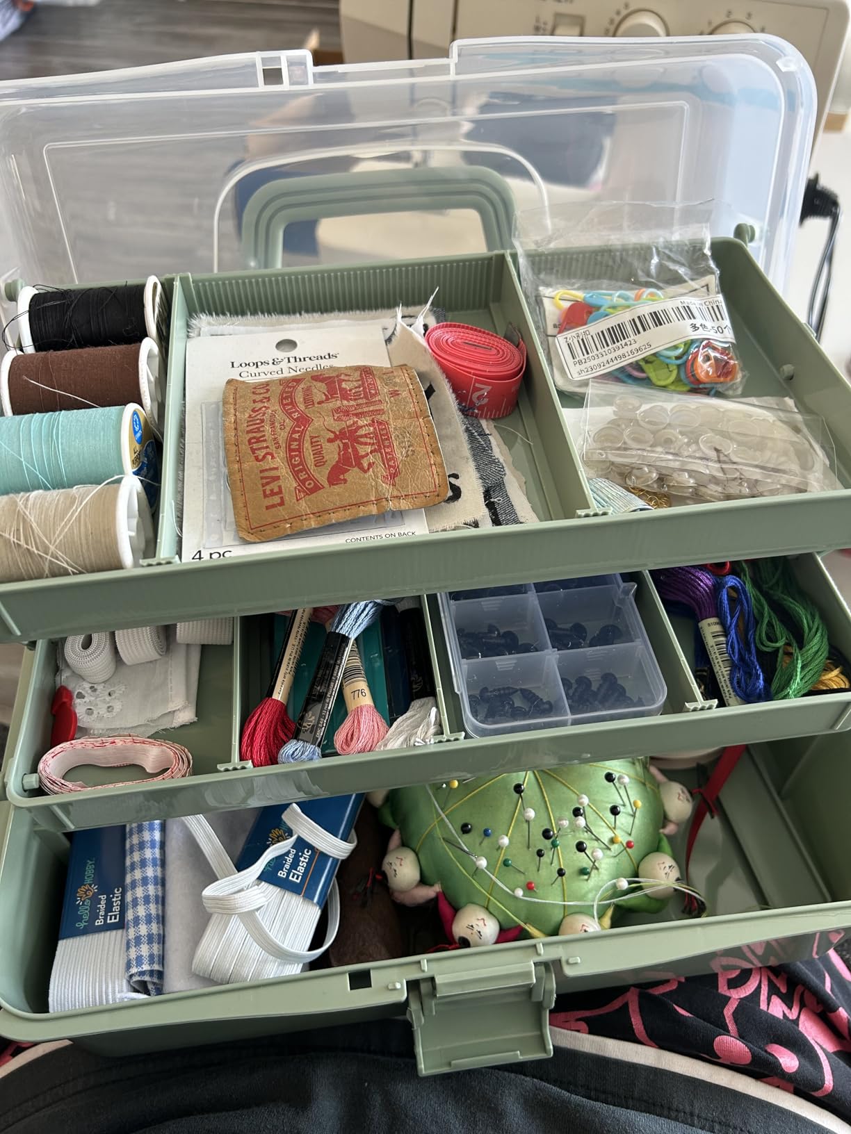 BTSKY 3-Layer Plastic Dividing Storage Box Craft Organizer and Storage with Adjustable Spacers Portable Handled Art Supply Organizer Multipurpose Home Utility Box for Medicine Sewing (Haze Green) customer photo 2