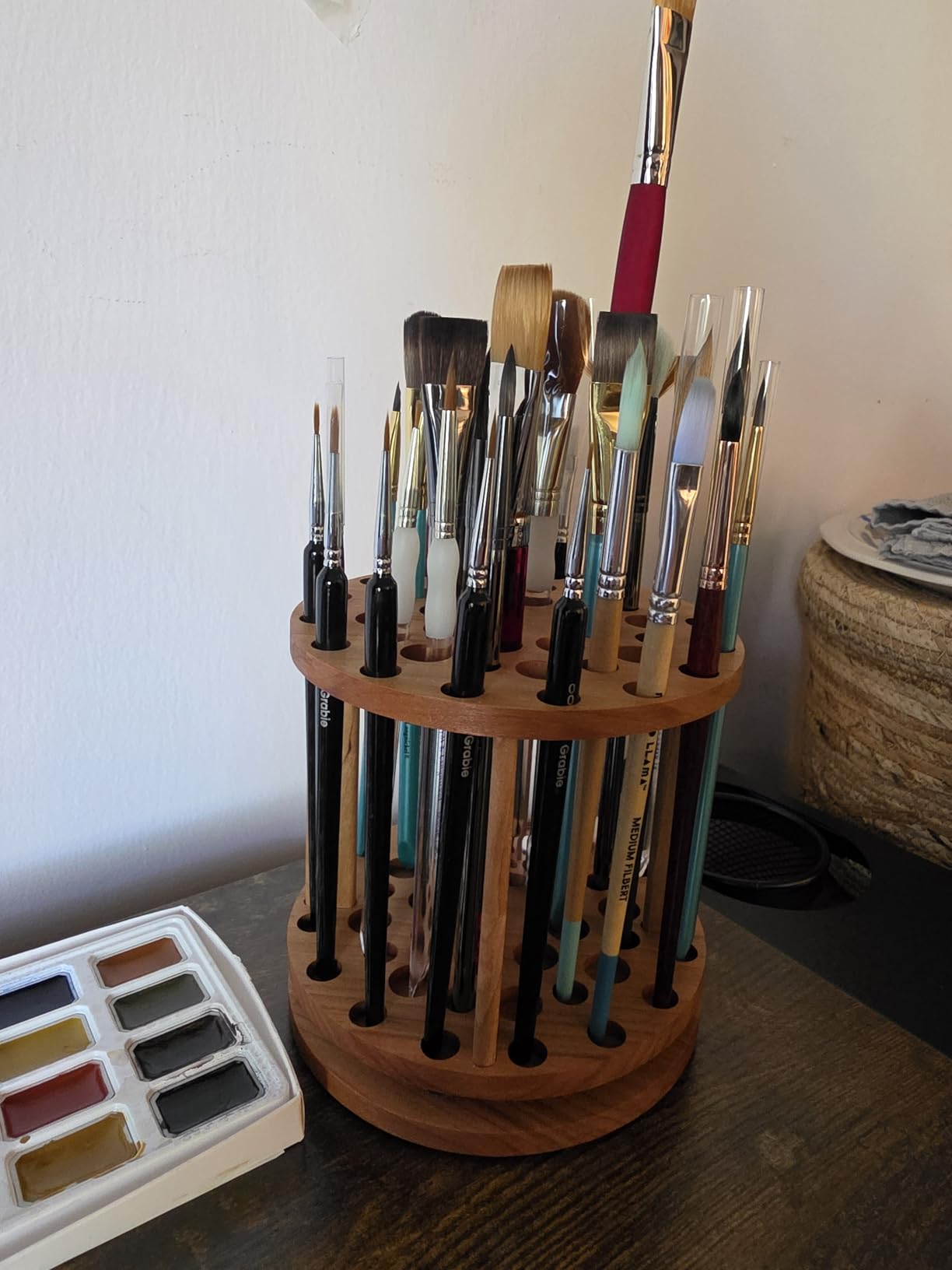 Rotating Paint Brush Holder - Handmade Paint Brush Holder Rotating Art Supply Organizer - Large Capacity Cherry Hardwood Brush Organizer for Desk, Arts and Crafts customer photo 2