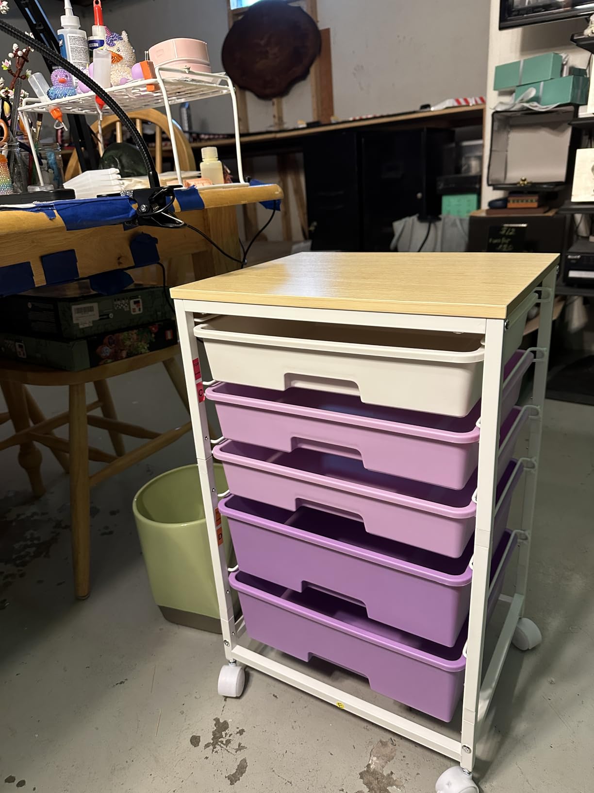 SYKIARIOL Utility Cart with 5 Drawers, Storage Drawer Cart with Wooden Tabletop and Lockable Wheels, Craft Storage Trolley Cart, 5-Tier Rolling Utility Cart on Wheels, Bright White customer photo 1