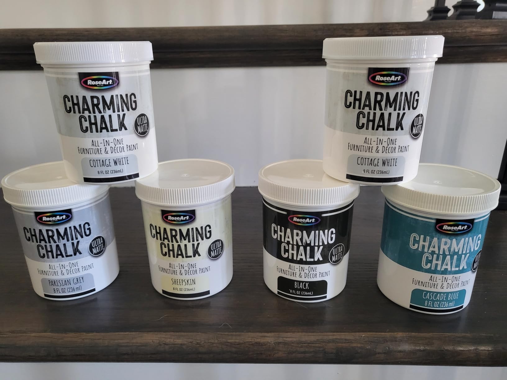 Charming Chalk All-In-One Furniture & Decor Paint - 6pc Set of Ultra Matte Chalk Finish Paint - 1 8oz jar each of Black, Cascade Blue, Parisian Grey, Sheepskin Cream and 2 jars of Cottage White customer photo 2