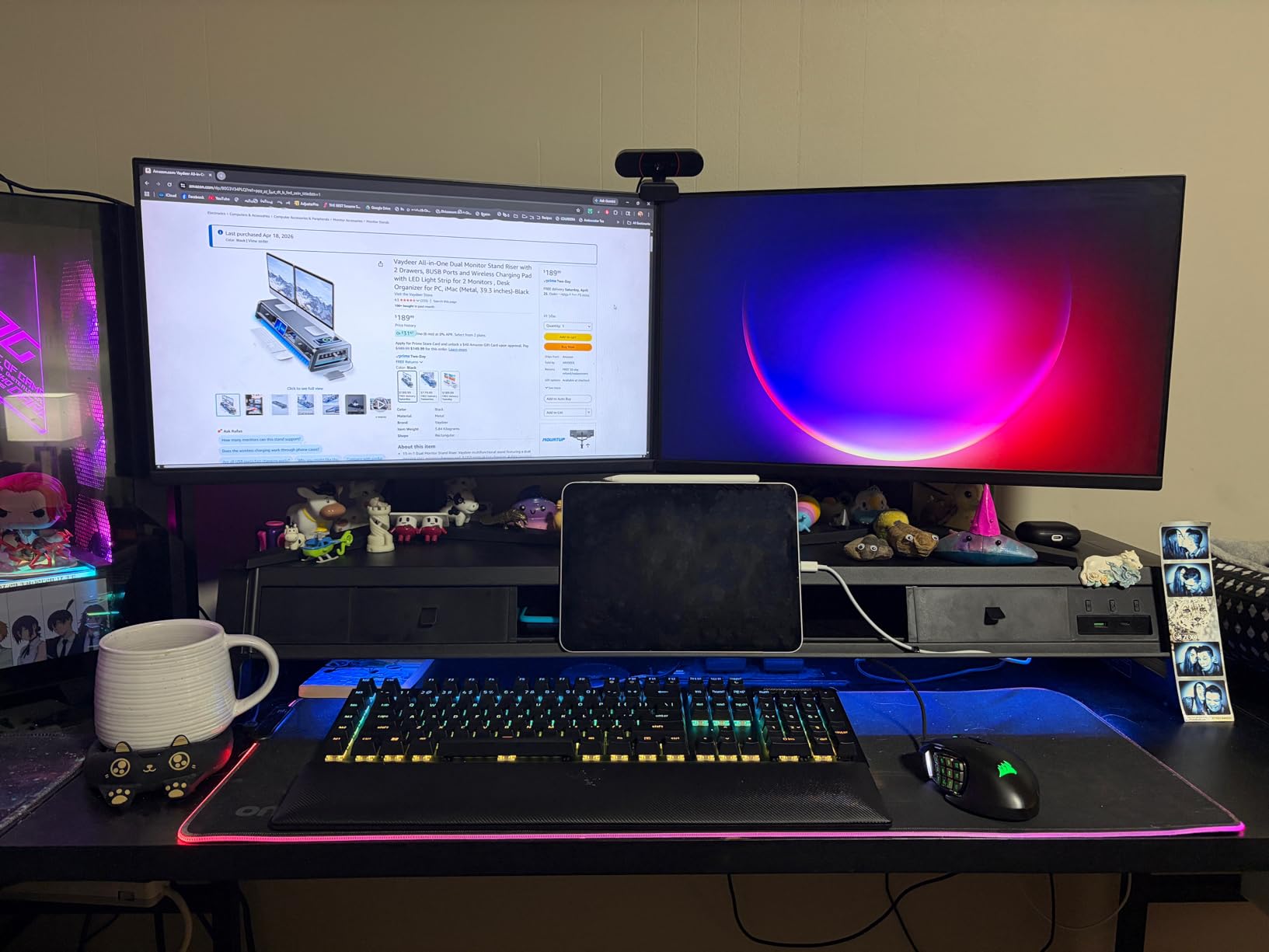 Vaydeer All-in-One Dual Monitor Stand Riser with 2 Drawers, 8 USB Ports and Wireless Charging Pad with LED Light Strip for 2 Monitors, Desk Organizer for PC, iMac (Metal, 39.3 inches) customer photo 2