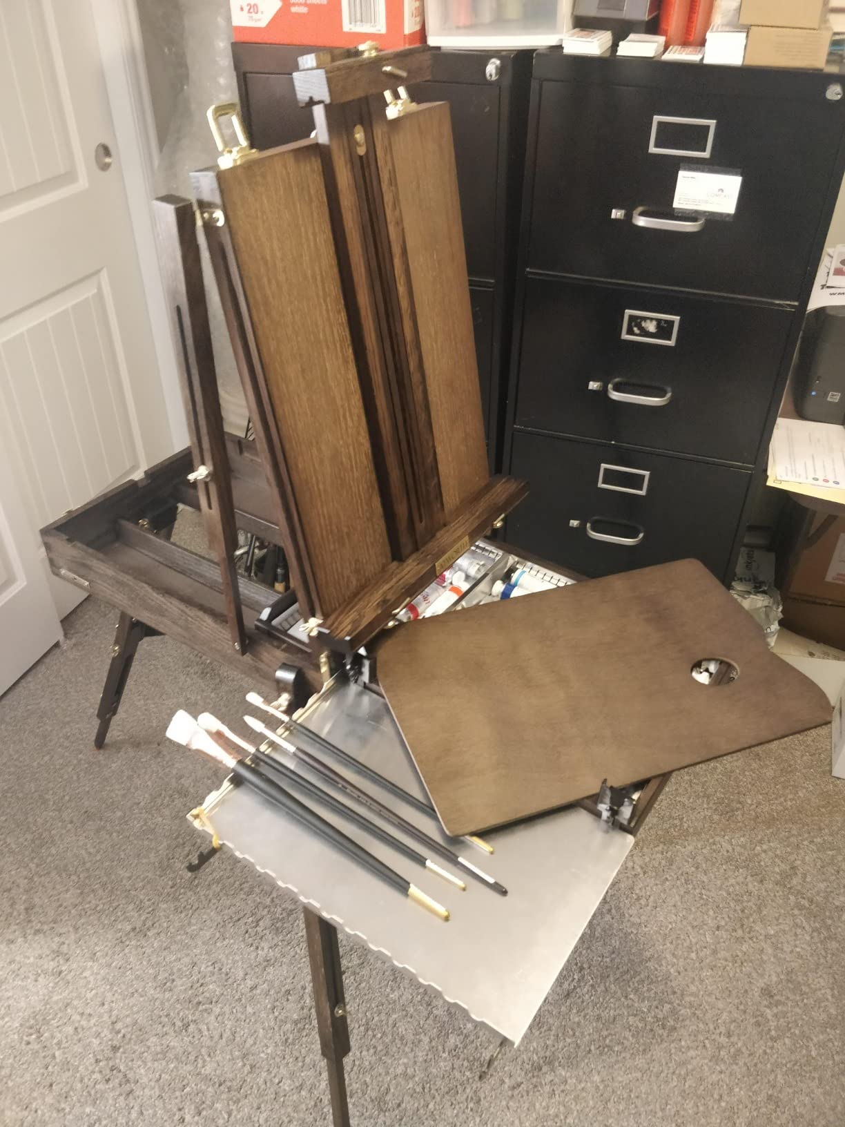 ATWORTH French Easel for Painting: Deluxe Beech Wood Plein Air Easel Stand with Metal Side Tray - Portable Sketchbox for Outdoor Field & Studio - Holds Canvas up to 34