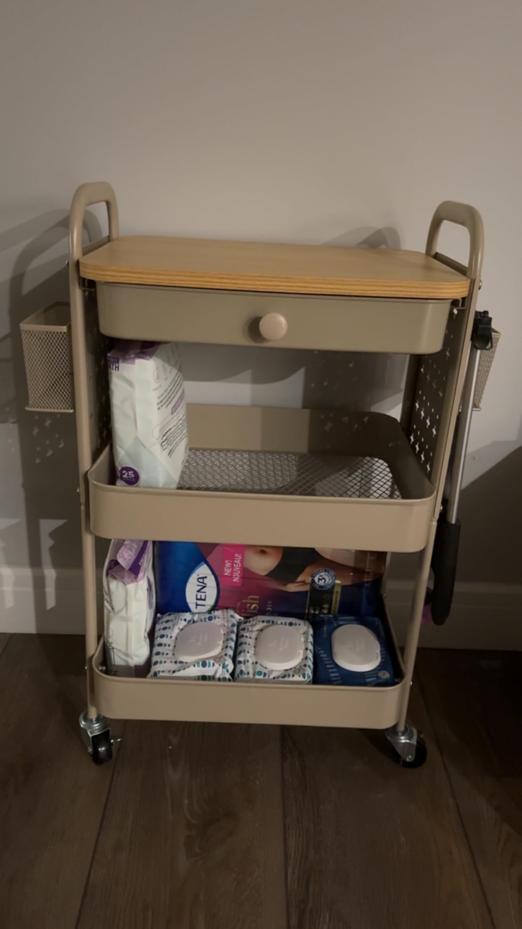 ALVOROG Rolling Cart with Drawer and Wood Table Top, 3 Tier Metal Rolling Utility Cart on Wheels with DIY Pegboards, Hanging Baskets, Hooks for Kitchen, Bedroom, Office, Craft Supplies customer photo 2