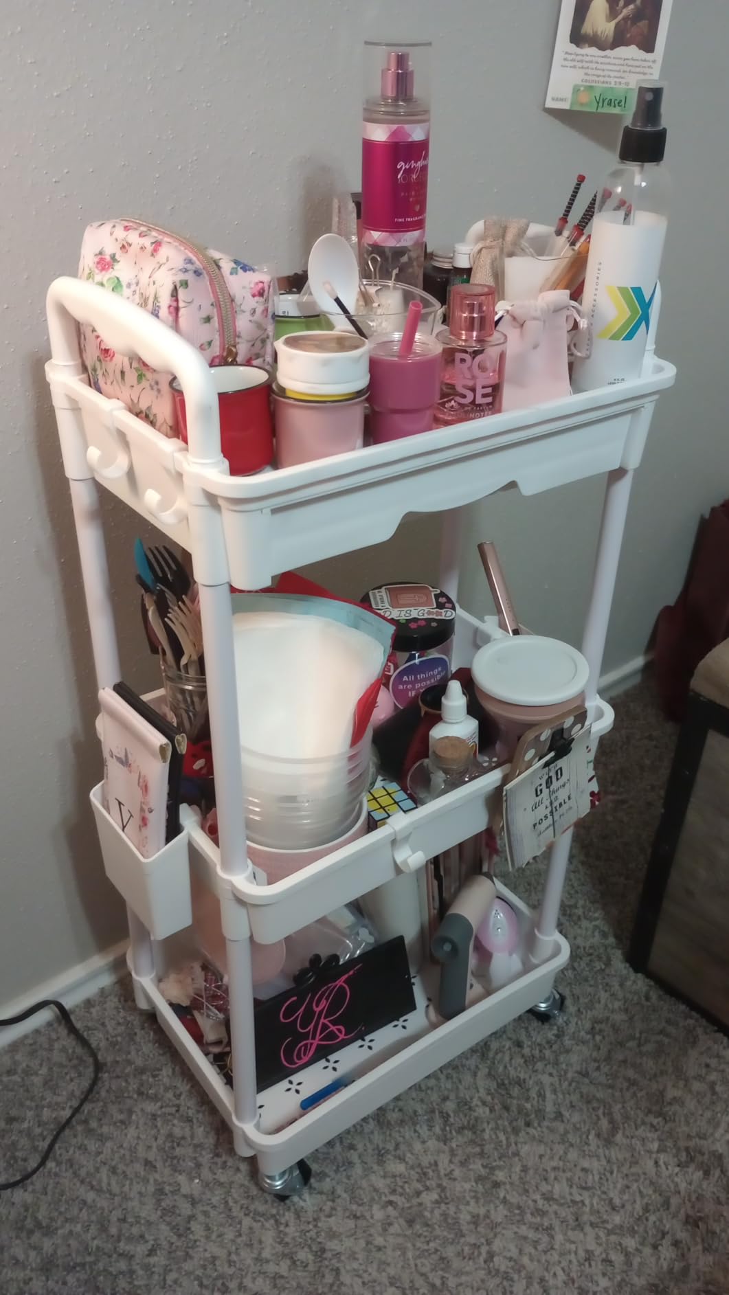 SUNALLY 3 Tier Rolling Cart with Drawer, Bathroom Storage Organizer with 2 Lockable Wheels, Multifunctional Rolling Storage Cart for Bathroom, Kitchen, Office, Craft, Makeup, Baby Essentials, Black customer photo 1