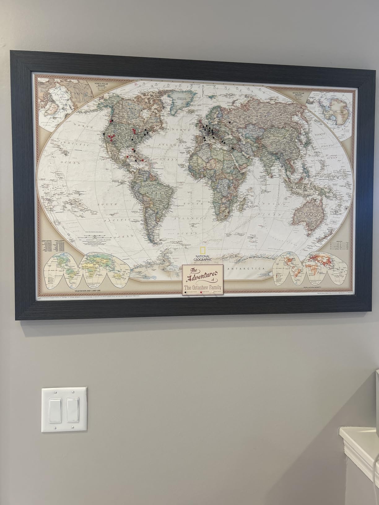 Executive World Map with Pins - Detailed National Geographic Canvas Travel Map - Modern Frameless Wall Art - Gallery Wrap - 24