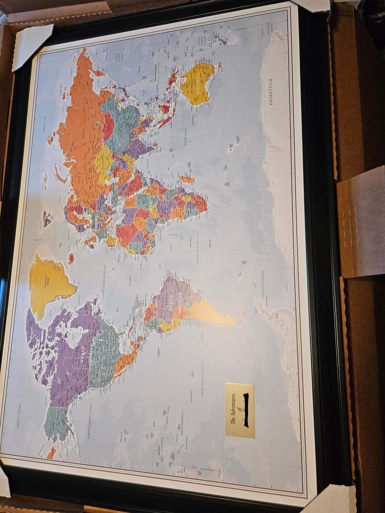 Push Pin Travel Maps - Customizable Blue Oceans World with Black Frame - 27.5