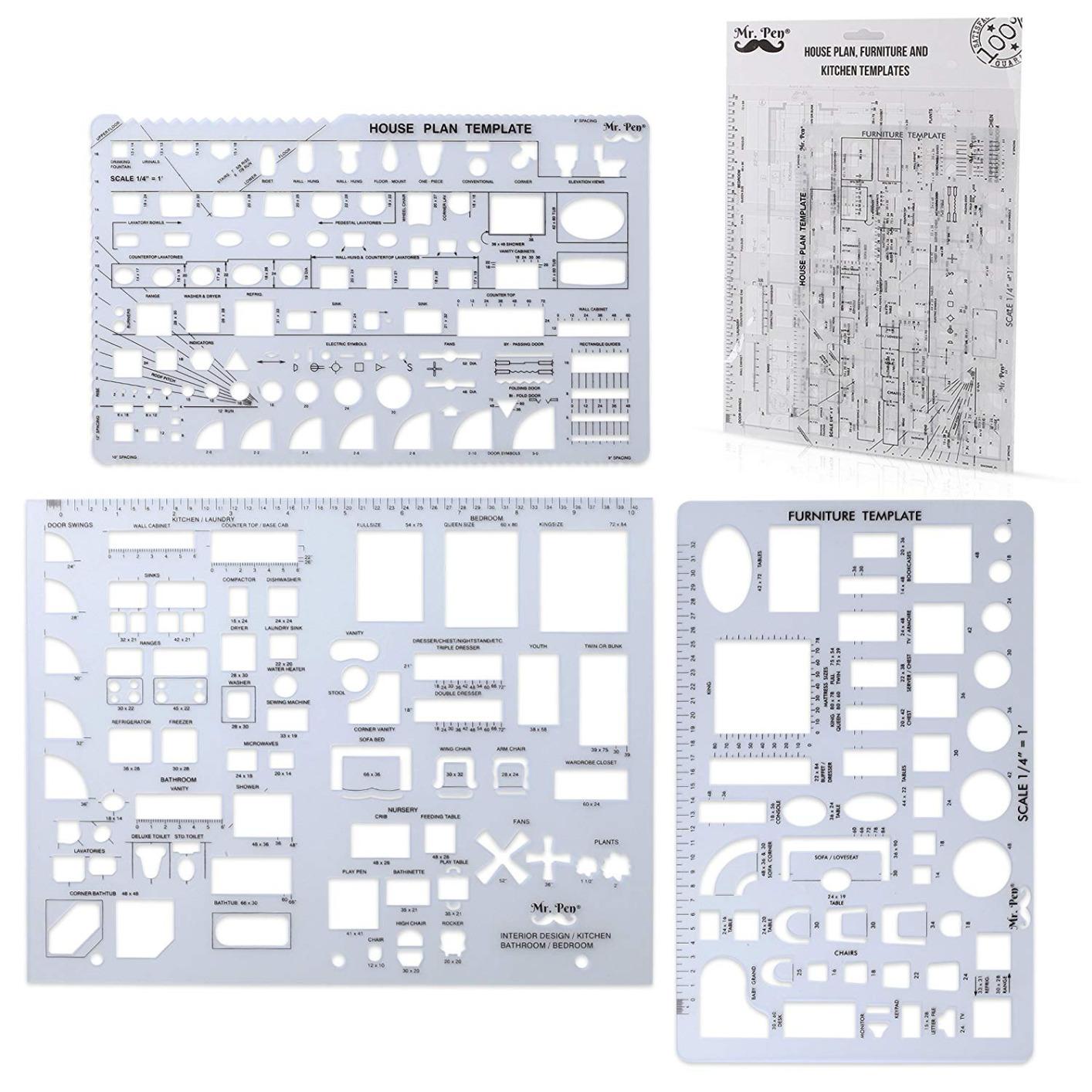 Mr. Pen- House Plan, 3 pcs, Interior Design and Furniture Templates, Clear Flexible Plastic, Drafting Tools, Ruler Shapes for Architecture, 1/4 Inch Scale, Kitchen, Bath, Bedroom, Office, Living Room customer photo 1