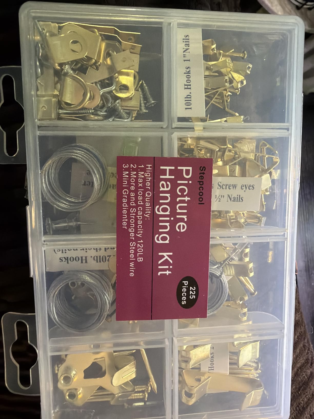 Picture Hangers, Picture Hanging Kit, 225pcs Heavy Duty Frame Hooks Hardware with Nails, Hanging Wire, Screw Eyes, D Ring and Sawtooth for Wall Mounting customer photo 1