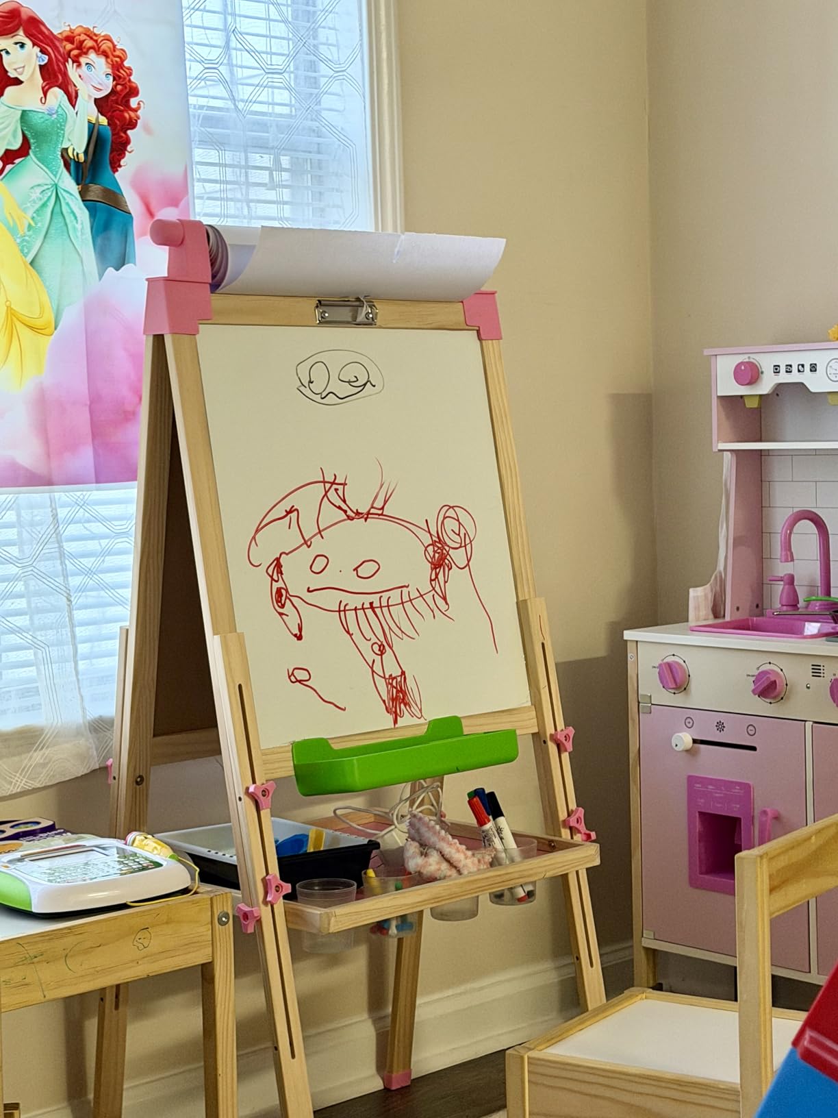 JOYOOSS Kids Wooden Easel with Paper Roll - Adjustable Magnetic Double Sided Drawing Board Whiteboard & Chalkboard Dry Easel Board, Children Art Easel for 3~12 Years Kids customer photo 1