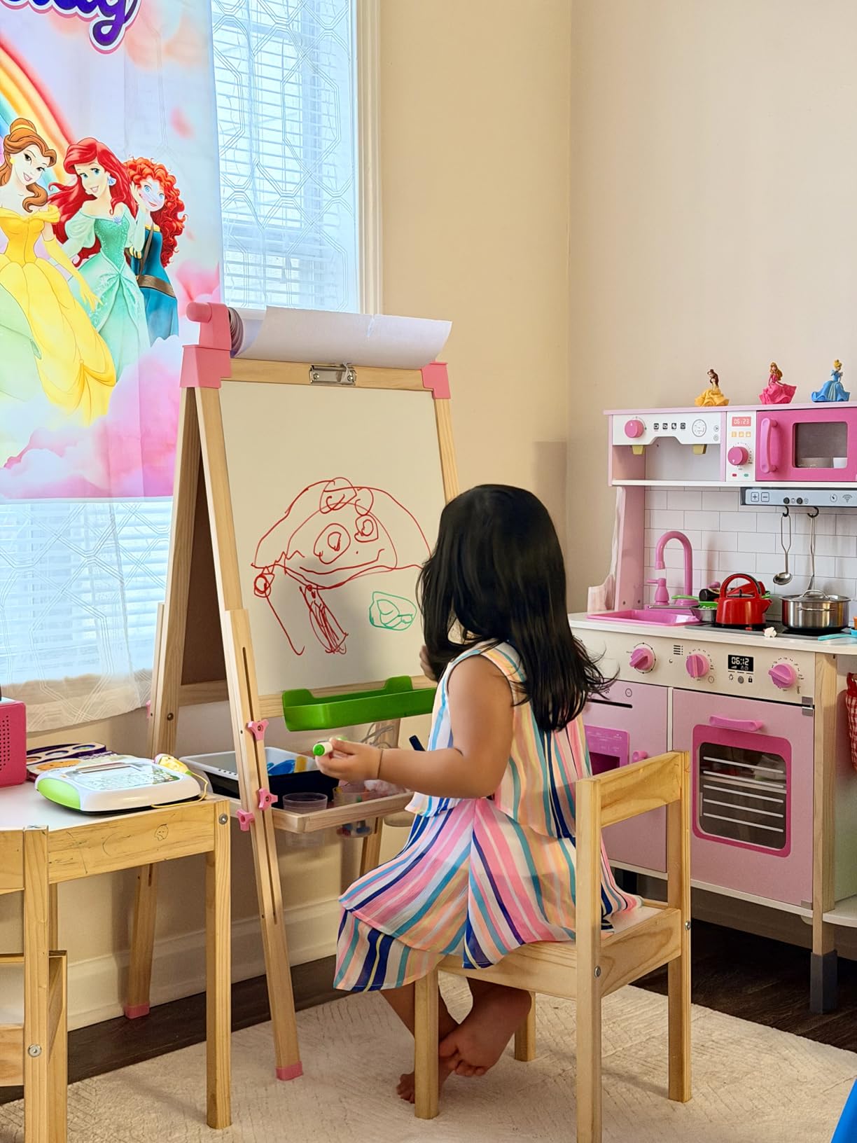 JOYOOSS Kids Wooden Easel with Paper Roll - Adjustable Magnetic Double Sided Drawing Board Whiteboard & Chalkboard Dry Easel Board, Children Art Easel for 3~12 Years Kids customer photo 2