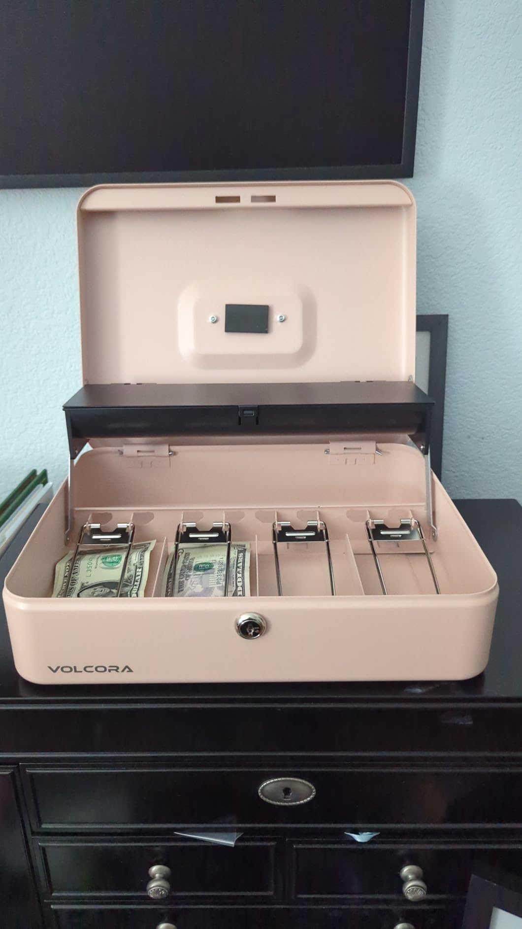 Volcora Large Cash Box with Key Lock, Metal Money Box for Cash, Portable Locking Safe Box with Money Tray, Durable Money Saving Organizer for Yard Sale, Garage Sale, Small Business, Cyan customer photo 1