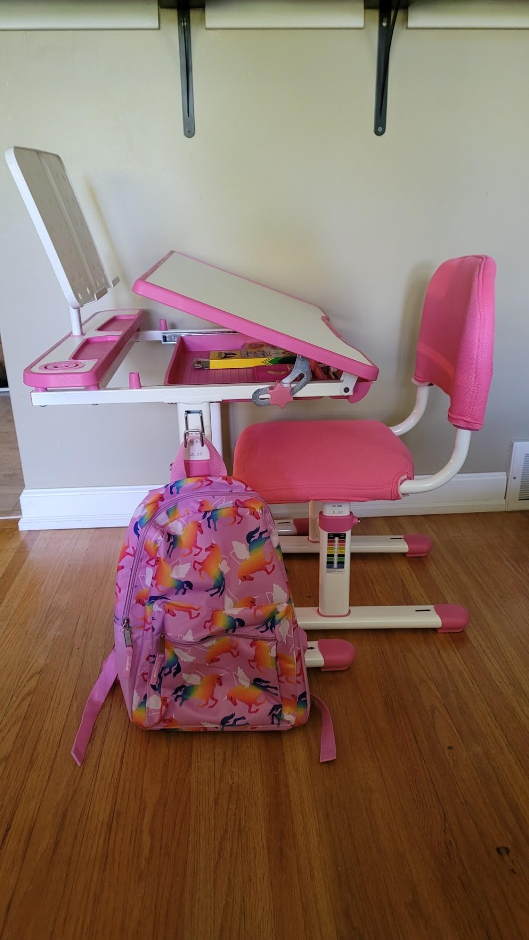 Artist hand Kids Desk and Chair Set, Ergonomic Height Adjustable Kids Desk with Tiltable Desktop, LED Light & Pull-Out Drawer, Kids Drawing Table Study Desk for Kids 3-12 Boys Girls, Pink customer photo 2