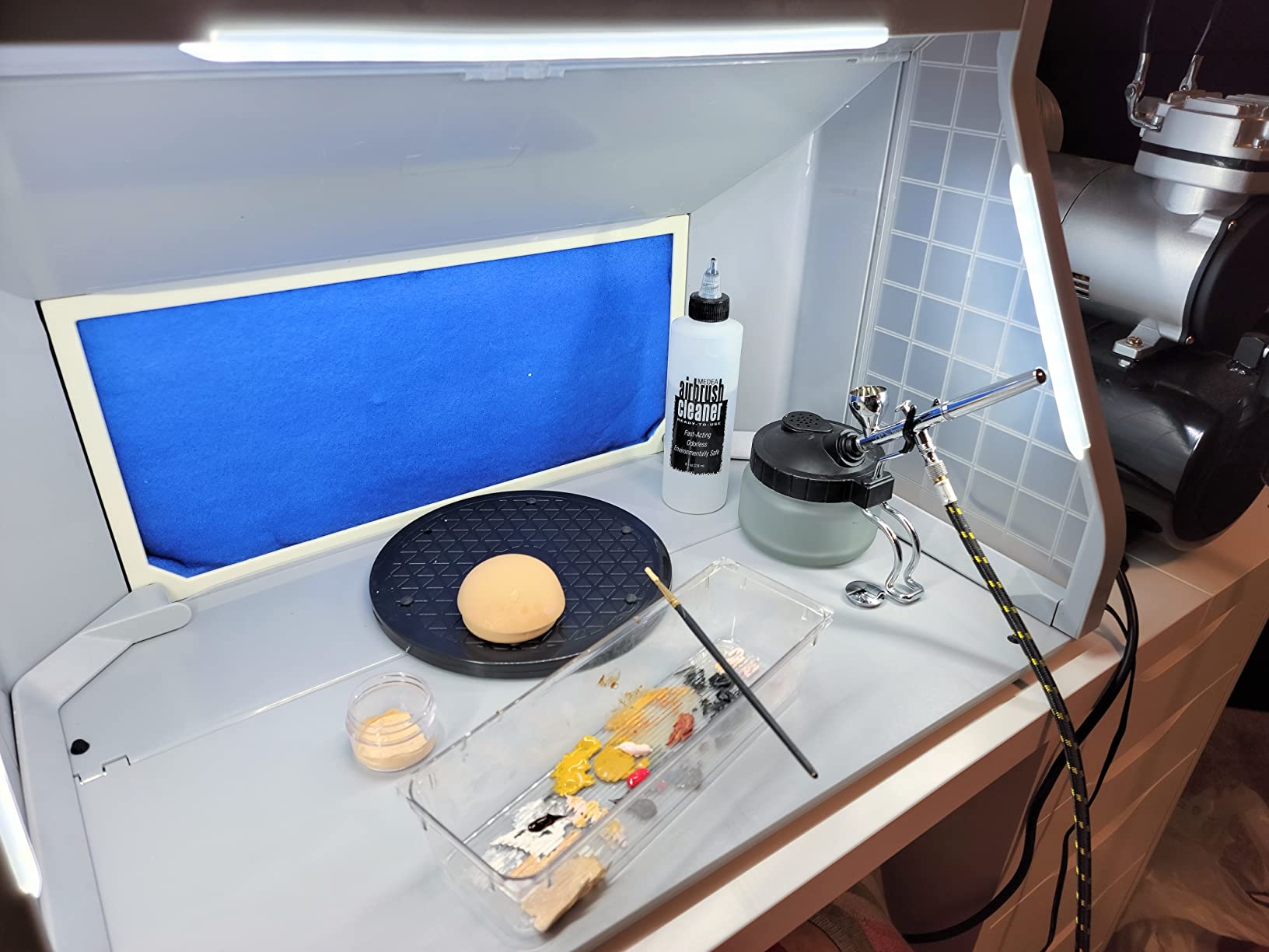 Anesty Dual Fans Airbrush Spray Booth Paint Booth with Infinitely Variable Control Led Lighting & Airflow Knob, Portable Spray Booth with Built-in LEDs Turn Table Filter and Hose ADFSPB01 customer photo 2