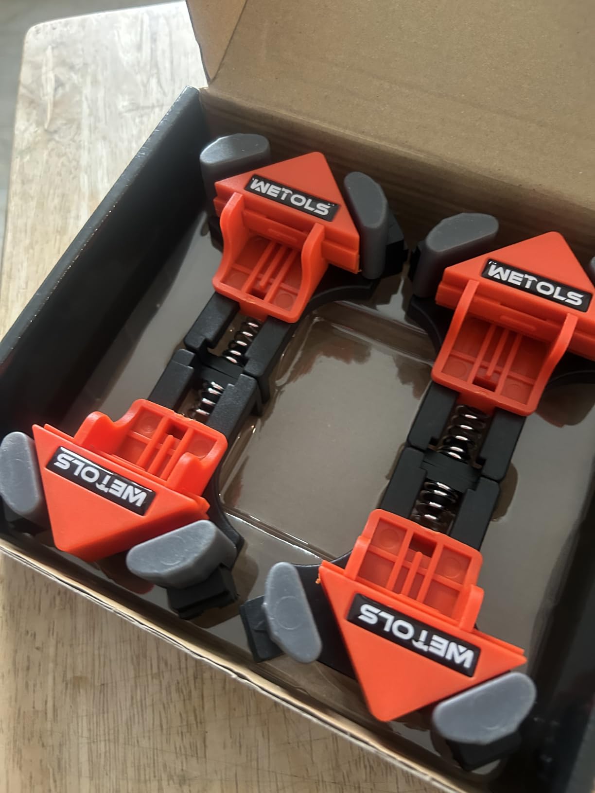 WETOLS Corner Clamp for Woodworking, 90 Degree Right Angle Clamp, Wood Clamps, 4Pcs Adjustable Spring Loaded Woodworking Clamp, Gifts for Him, Birthday Gifts for Men, Photo Framing, Orange customer photo 1