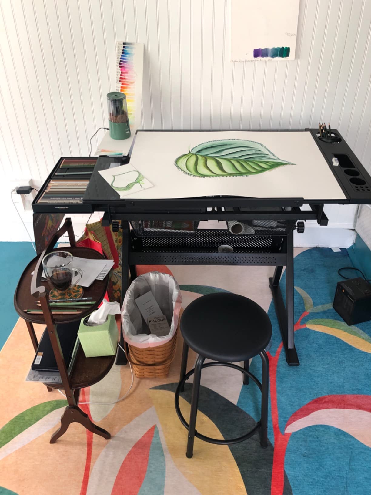 Glass Drafting Table Art Desk - Adjustable Professional Artwork Drawing Drafting Table Desk, Glass-Topped Art Table for Craft Station Studio Home Office School w/Drawers (Black) customer photo 2