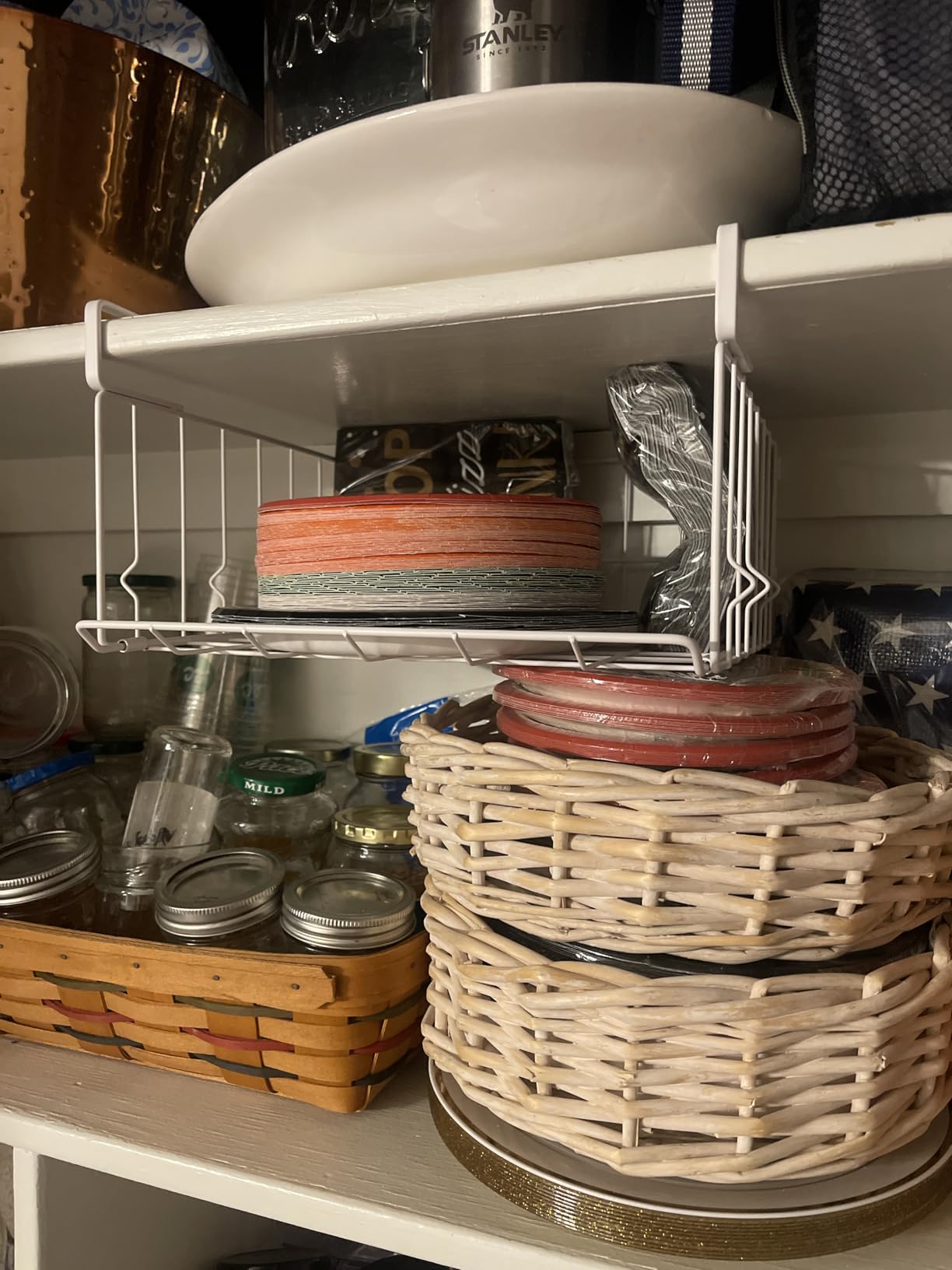 Hanging Under Shelf Storage Basket, 2 Pack Foldable Under Cabinet Metal Desk Storage Wire Rack Organizer for Kitchen Pantry Bookshelf Office Home, Easy to Install Slide-in Under Shelves (Black) customer photo 1