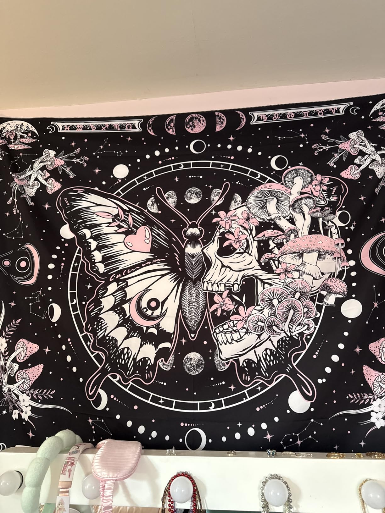 Fungarth Skeleton Butterfly Tapestry Pink Skull Hippie Mushroom Plants Tapestry for Bedroom Moon phase Aesthetic Tapestries Wall Hanging for Living Room Dorm (Pink, 48