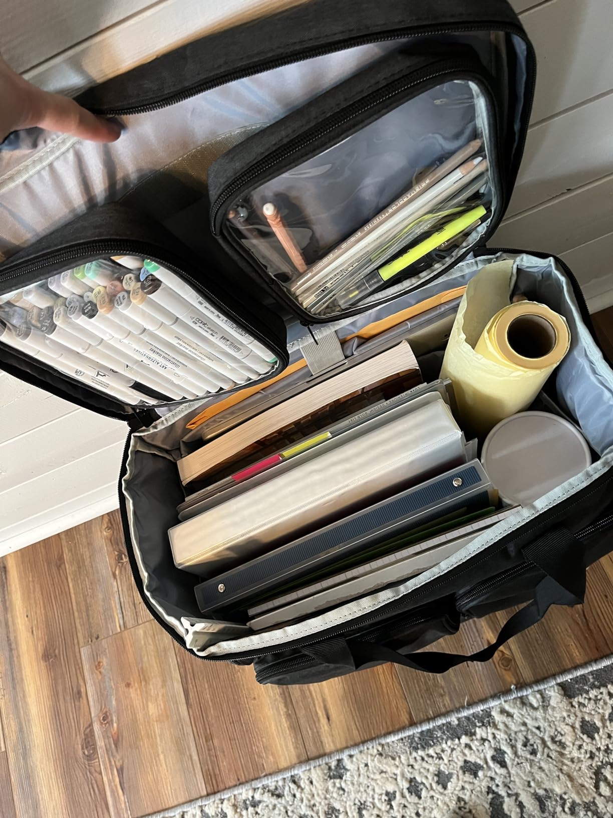 CURMIO Rolling Scrapbook Tote on Wheels, Scrapbook Storage Bag with Detachable Trolley and Bottom Wooden Board, Rolling Craft Bag for Scrapbooking Supplies, Black customer photo 2