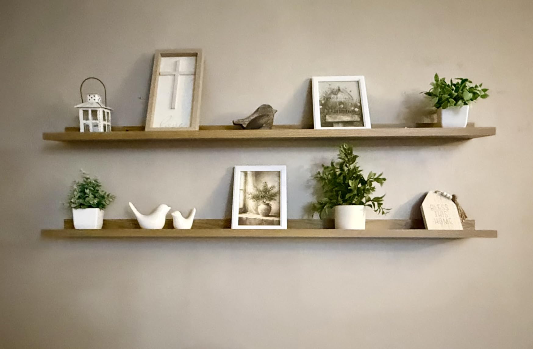 FLYJOE Picture Ledge Shelf, Floating Shelves Set of 2, 48 Inches Long Large Nursery Book Shelves for Toys Storage, Kids Bookshelf Wall Mounted for Living Room Bedroom Decor Books Photo Frames, Walnut customer photo 2