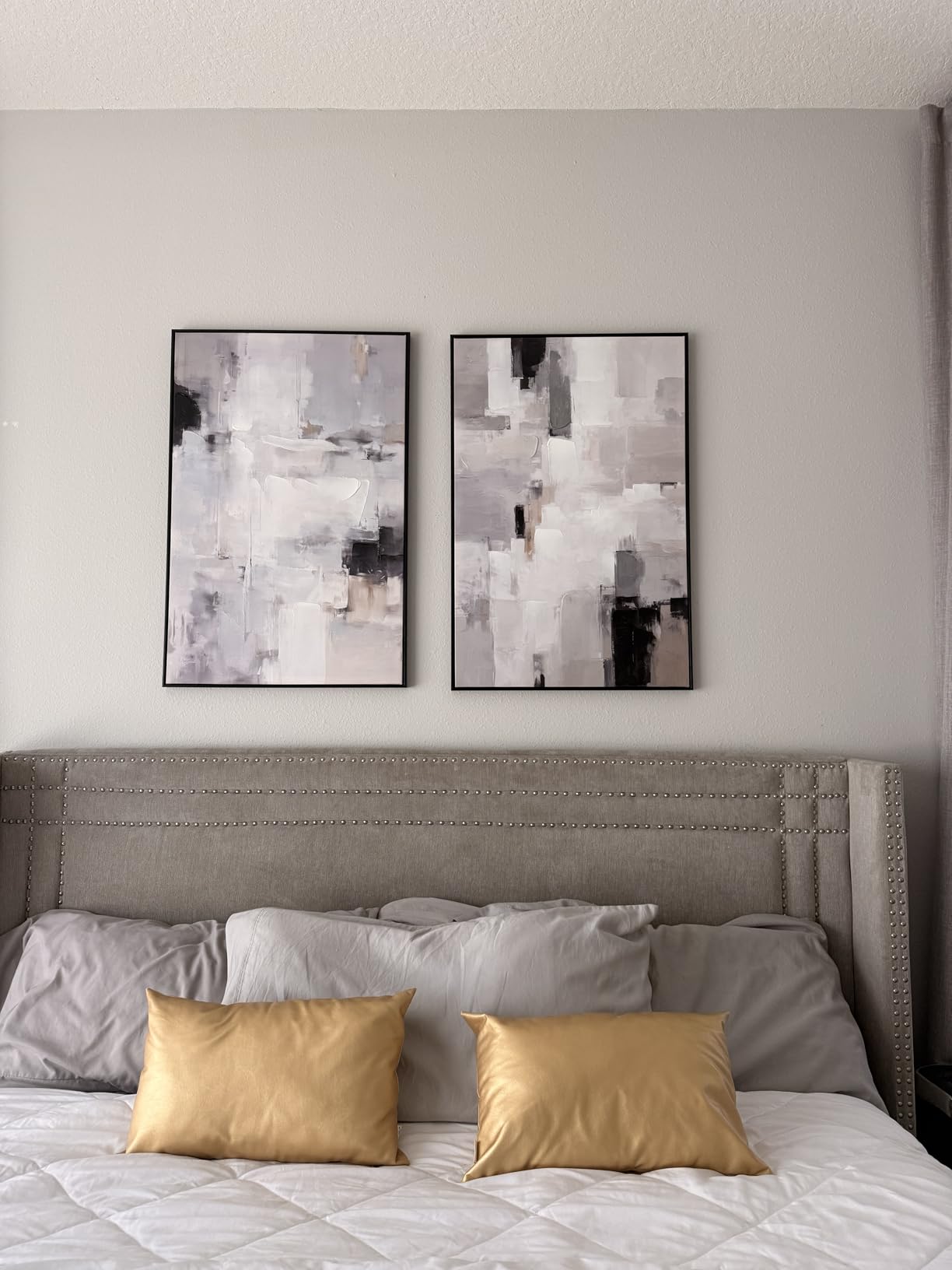 Black Gold Abstract Wall Art - Hand-Painted Geometric Line Spiral Duo Abstract Shapes Canvas Artwork Decor, Set of 2, 24 x 36 Inches, Framed Wall Art customer photo 2