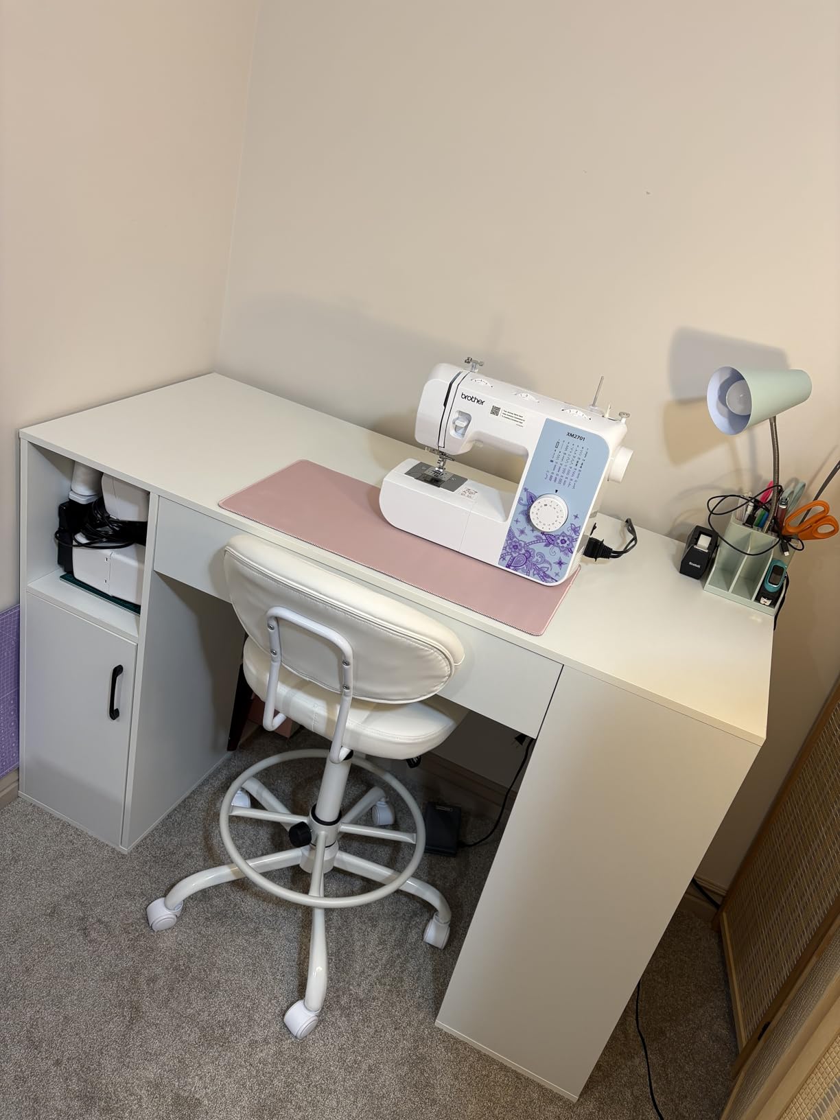 Giantex Craft Table with Storage, 53 Artwork Sewing Table with 14 Cube Storage Shelves, Large Drawer, Cabinet with 2 Shelves, 36 Counter Height Sewing Workstation White Drafting Writing Desk customer photo 2