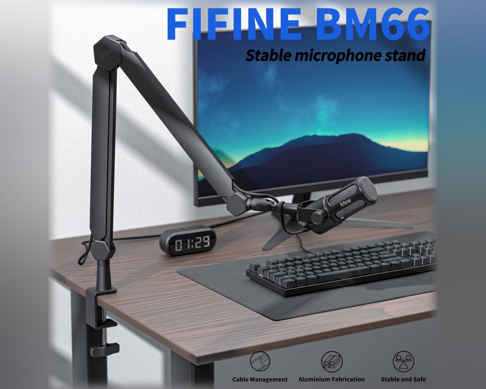FIFINE Mic Arm Stand, Microphone Boom Arm with Desk Clamp, Cable Channels, 3/8