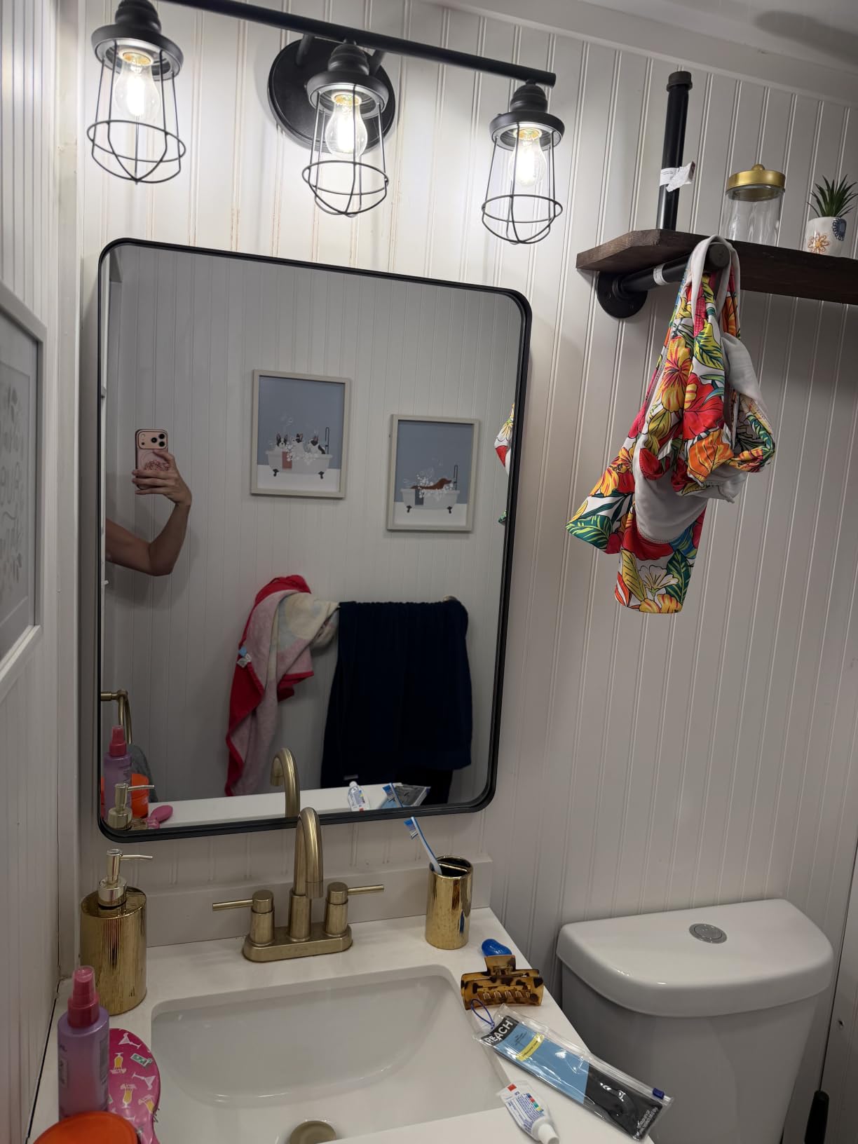 LOAAO 24X36 Inch Bathroom Mirror with Wood Grain Colored Metal Frame, Rounded Rectangle Metal Framed Bathroom Mirror, Anti-Rust, Hangs Horizontally or Vertically customer photo 1