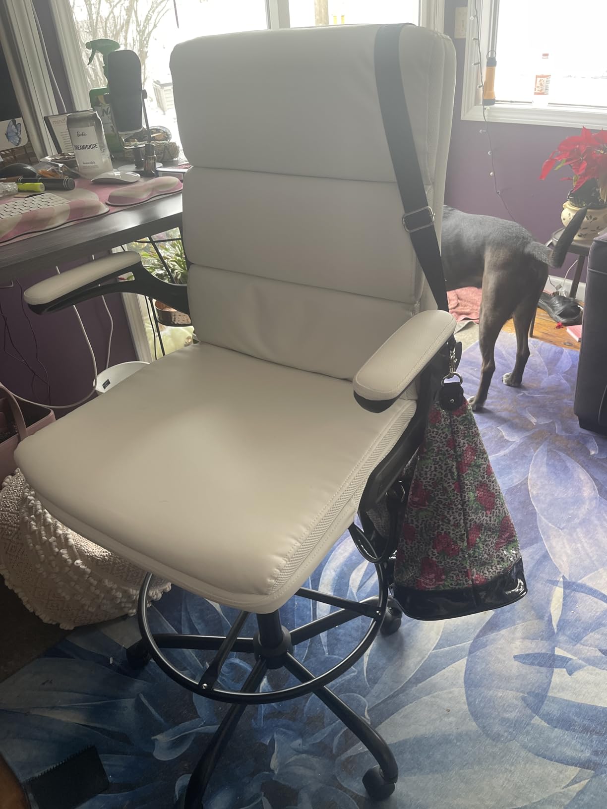 Drafting Chair Tall Office Chair with Padded Flip-up Armrests Executive Ergonomic Computer Standing Desk Chair with Comfortable Leather Backrest and Adjustable Footrest Ring (Black) customer photo 2
