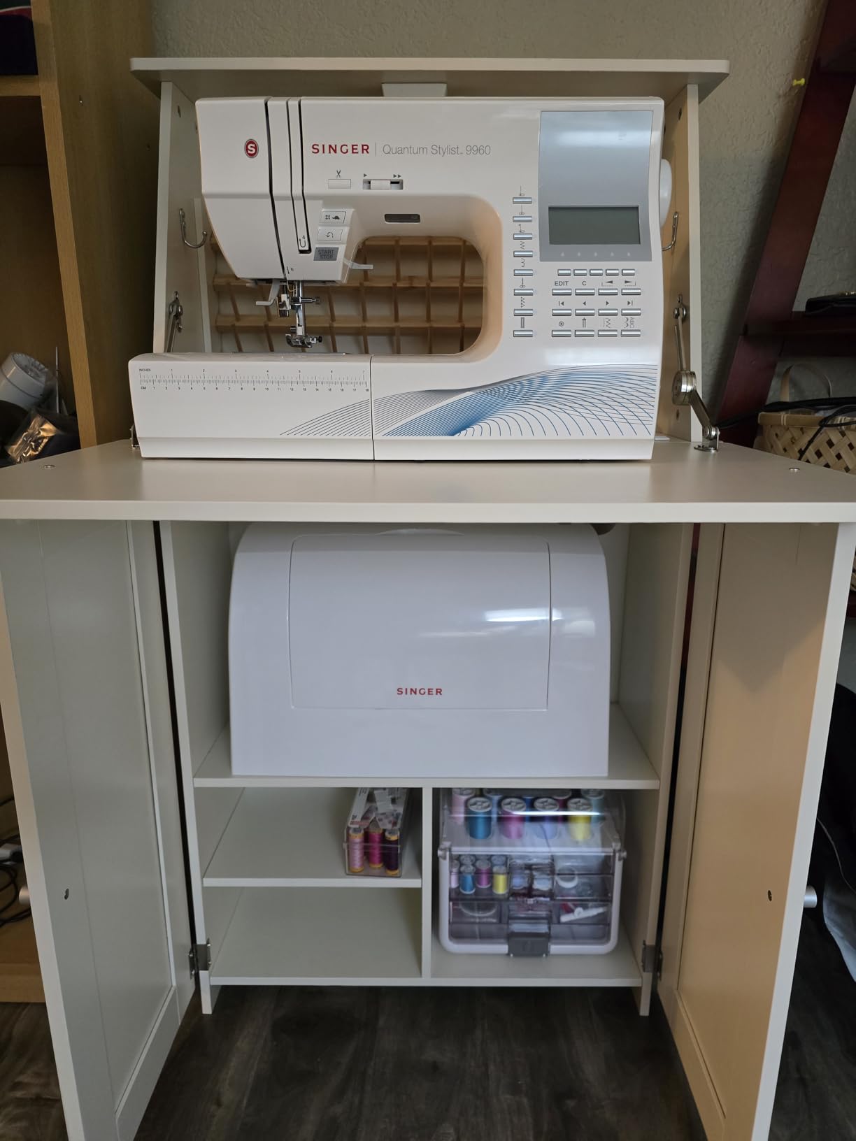 Crafit Sewing Table, Sewing Machine Desk with Under Cabinet Lights, Charging Station, 65 Spools Thread Rack Multipurpose Craft Storage Workspace Tables with Organizer Shelves, Compact Design customer photo 1
