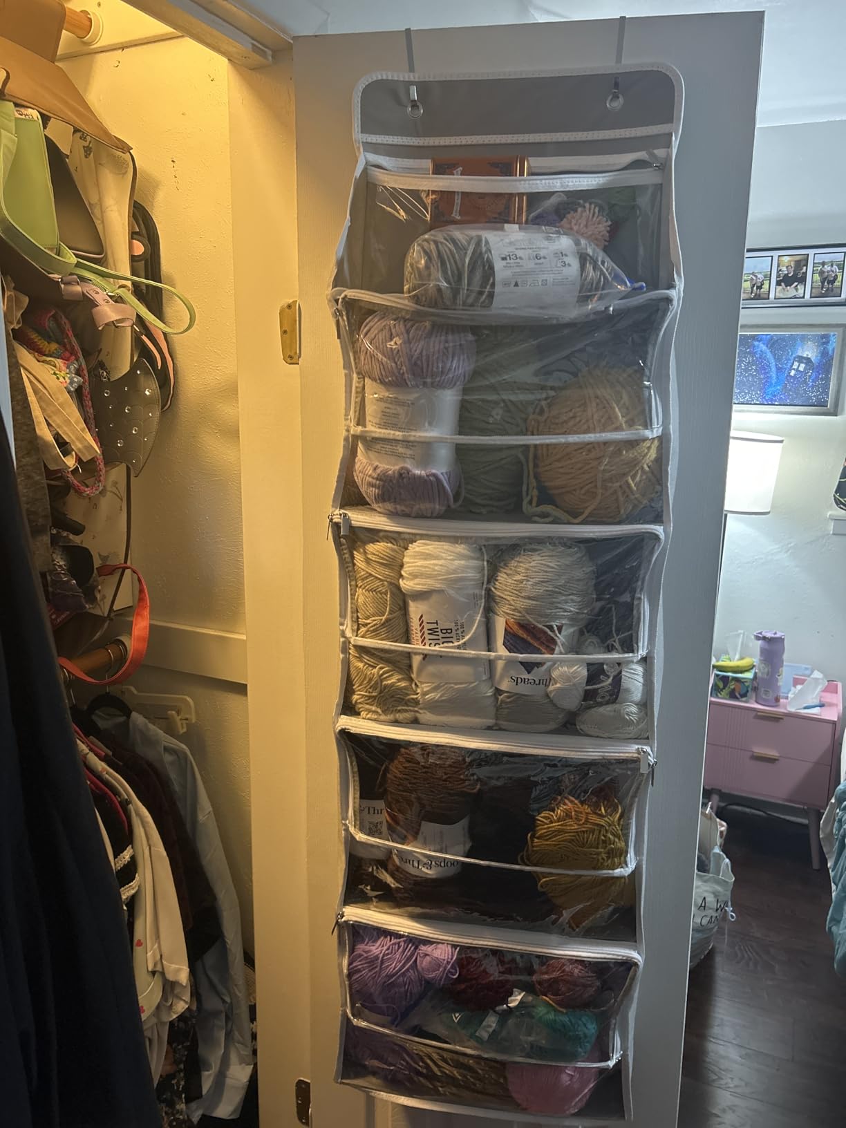 Univivi Hanging Yarn Storage Organizer with 6 Zipper Closure Compartments, Large Capacity Knitting Organizer Storage, Over the Door Hanging Yarn Holder for Knitting Needles, Crochet Hooks (Clear White) customer photo 2