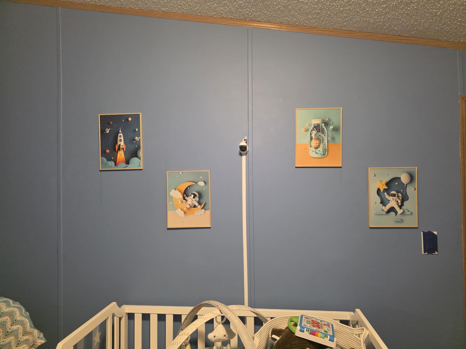 Framed Space Nursery Wall Art Set of 4, Modern Outer Space Themed Canvas Prints for Boys Bedroom, Cool Astronaut Rocket Pictures for Kids Baby Boy Room Bathroom Classroom Wall Decor, 11x14 Inch customer photo 1