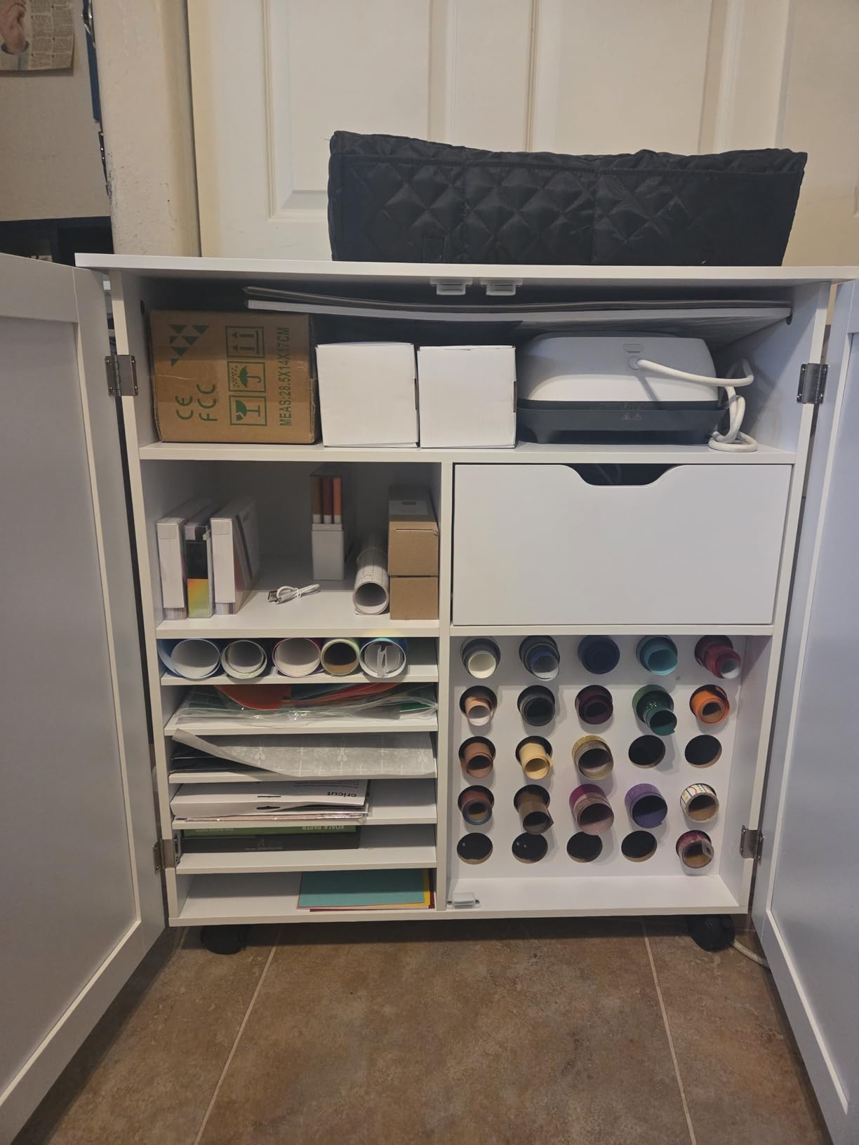 Craft Cart Cabinet Compatible with Cricut for Storage Organization, Rolling Craft Cabinet Table Stand Workstation with Vinyl Roll Holder with Wheels for Craft Room Organizer 31.6