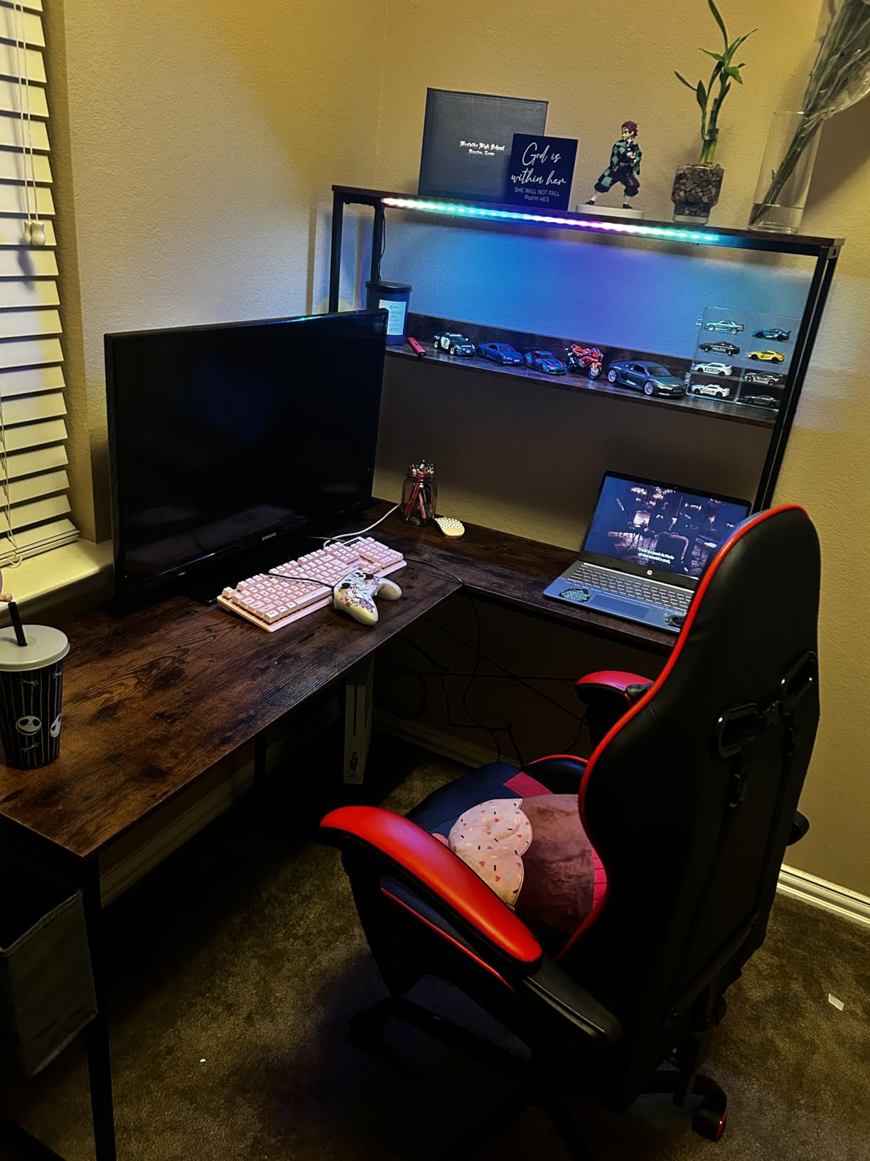 ODK 53 Inch L Shaped Gaming Desk with LED Lighting, Reversible Desk with Power Outlets, Cornor Computer Table with Storage Shelves & Bag & Iron Hook, Home Office Table for Writing, Study, Black customer photo 2