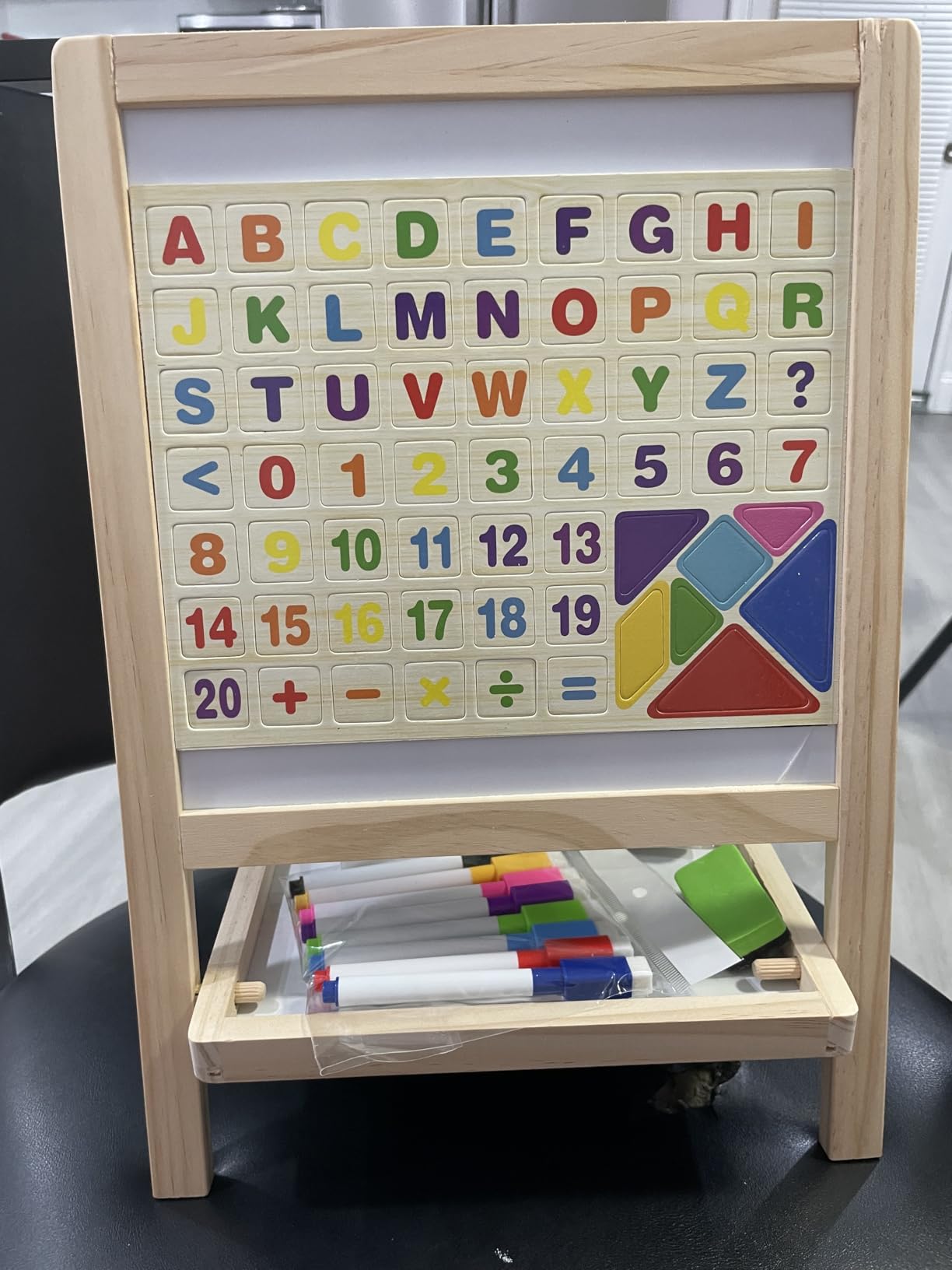 Tabletop Painting Wooden Art Easel for Kids - 4-in-1 Double-Sided Drawing Board for Toddlers 2-4, Chalkboard & Dry Whiteboard with Markers, Eraser, Magnetic Letters/Numbers & Flashcards customer photo 2
