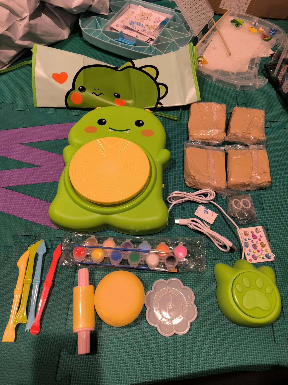 Skirfy Mini Pottery Wheel Kit for Beginners Kids, Electric Ceramic Wheel with Foot Pedal & Painting Kit, Adjustable Speed, Clay Spinner DIY Tools for Art Craft Birthday (Green Dinosaur) customer photo 1