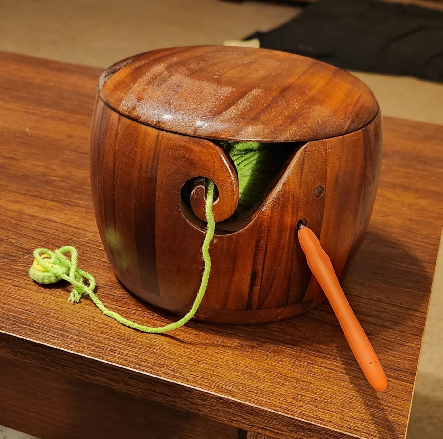 Yarn Bowl Knitting 7x5.1in Large Wood Knitting Bowl with Lid for Yarn Skeins, Round Wooden Bowl with Carved Holes Crochet Hook Rests customer photo 1
