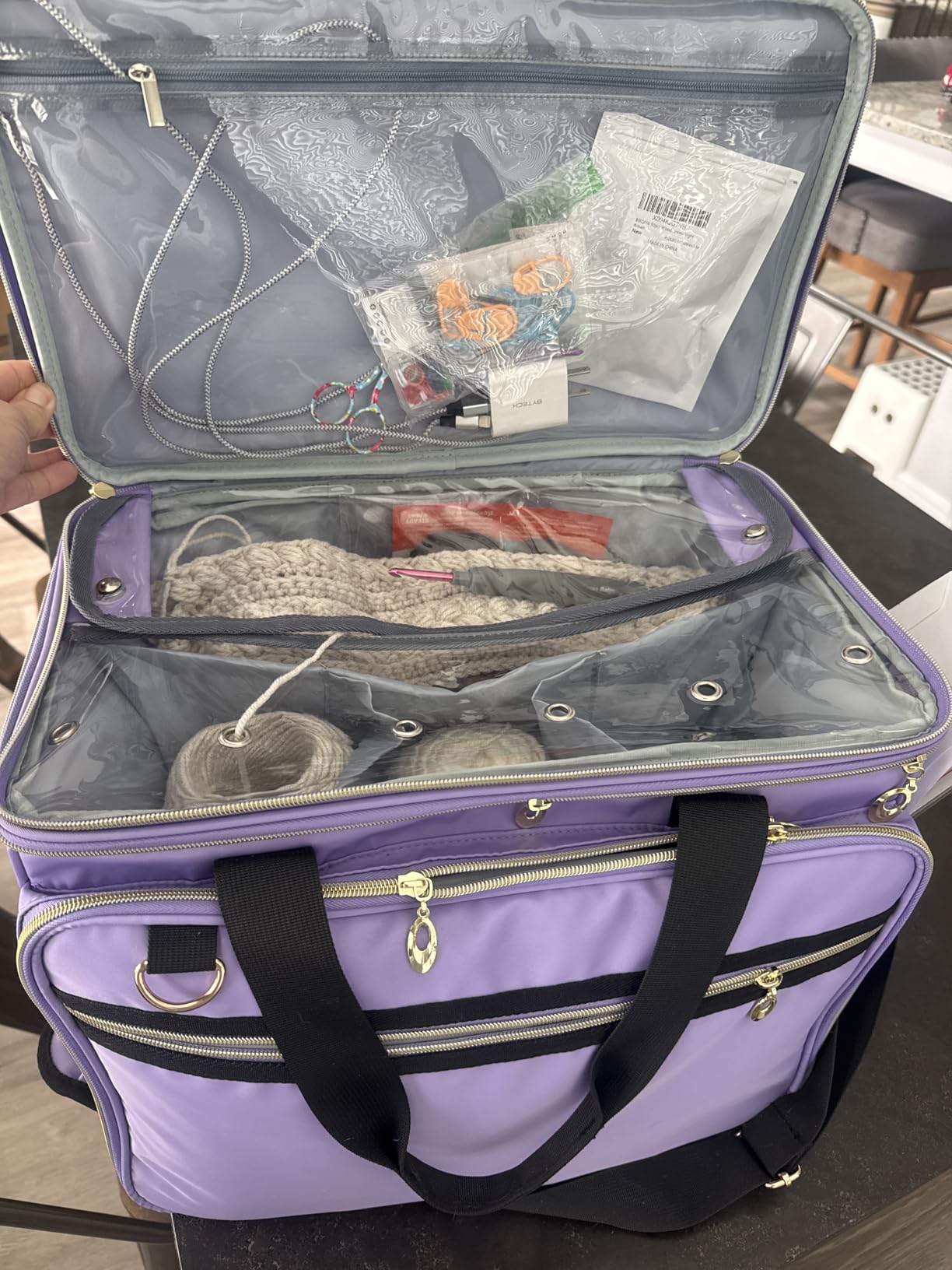 Anitor Large Crochet Bag Knitting Bag Yarn Storage Tote, Yarn Bag with Clear Top Lid, Unfinished Project Compartment, 6 Yarn Holes. Holds Knitting Needles, Crochet Hooks, Yarn, Purple, (Bag Only) customer photo 1