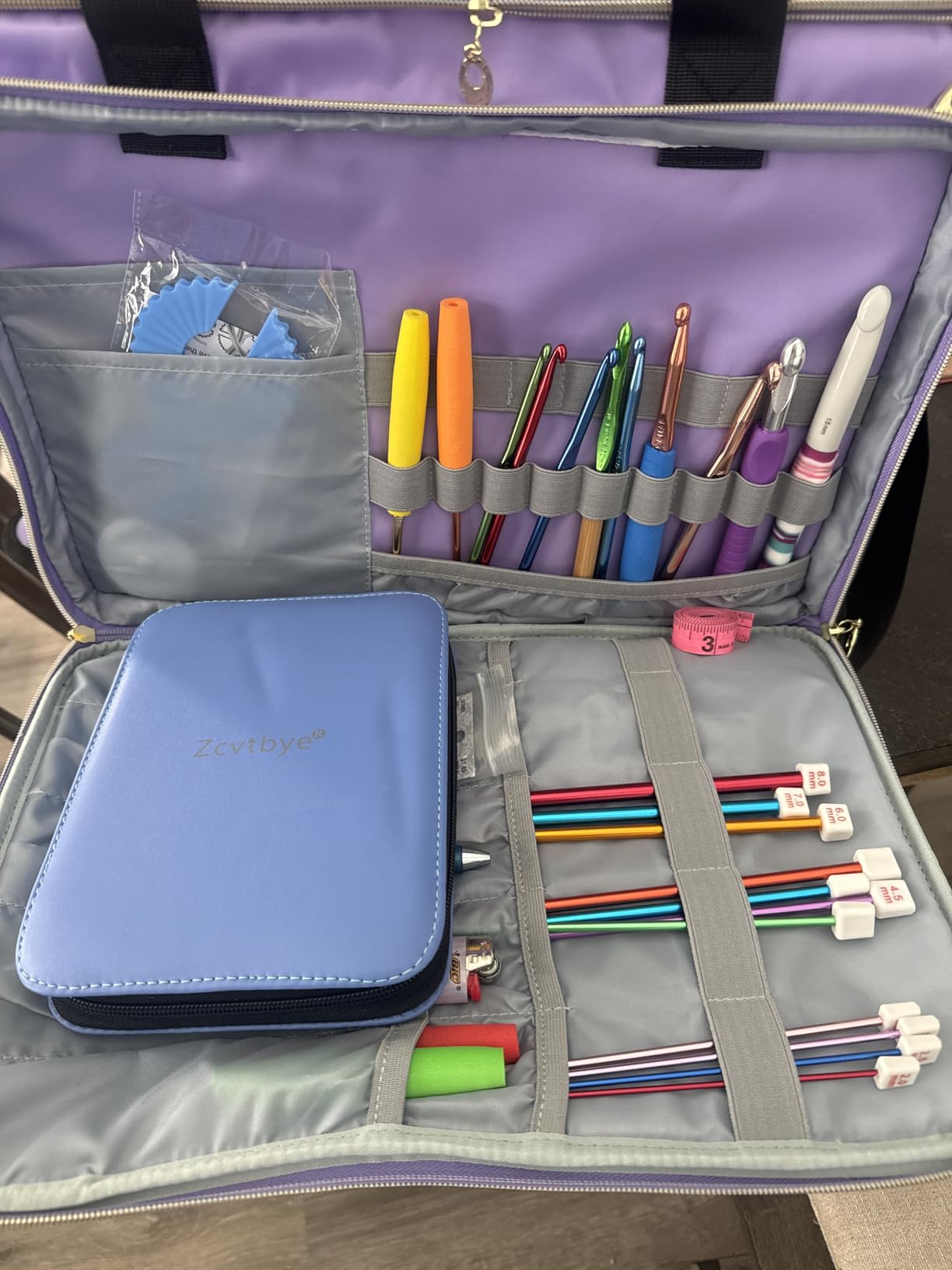 Anitor Large Crochet Bag Knitting Bag Yarn Storage Tote, Yarn Bag with Clear Top Lid, Unfinished Project Compartment, 6 Yarn Holes. Holds Knitting Needles, Crochet Hooks, Yarn, Purple, (Bag Only) customer photo 2