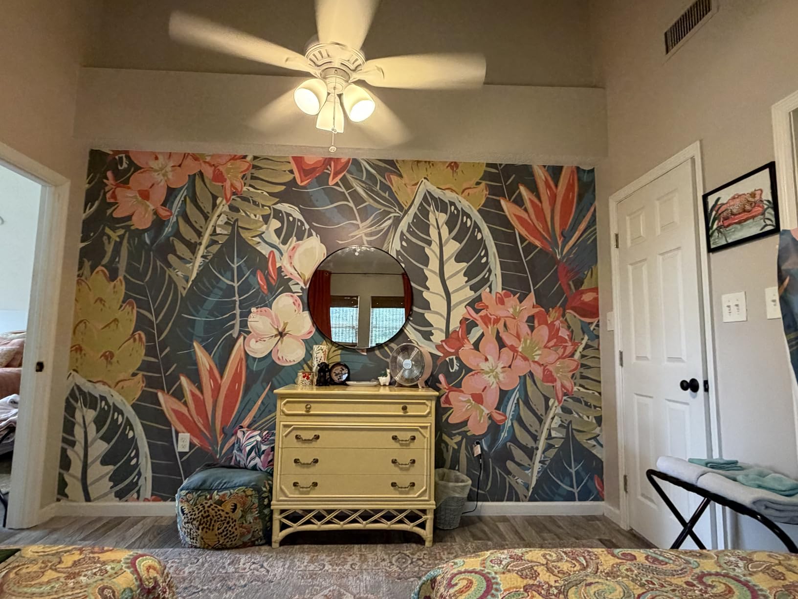 Floral Peel and Stick Wall Mural, Leather Textured Vintage Self-Adhesive Wallpaper for Bedroom Living Room Accent Wall Art Decor, Colorful Floral, Bright customer photo 1