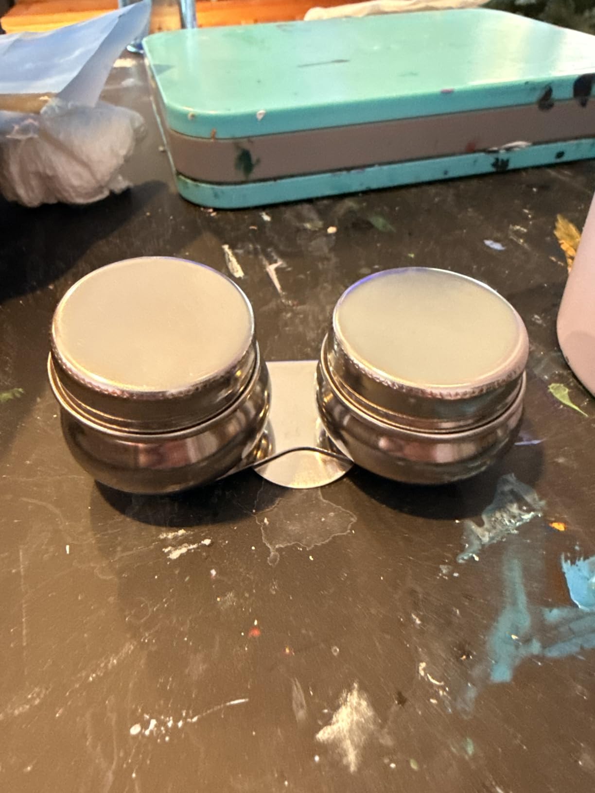 Skybooly 2 Pcs Paint Brush Cleaner Set Stainless Steel Double Dipper Palette Cup Paint Brush Portable Washer Holder for Oil Cleaner Kits(Straight Shape,Small) customer photo 2