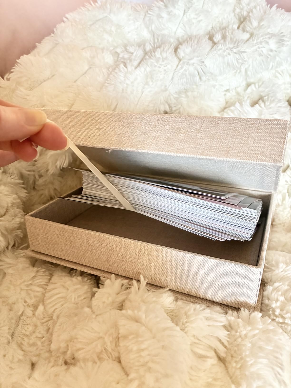 Photo Storage Box for 8x10 Photos, Acid-Free Archival Organizer Box with Lid, Linen Memory Keepsake Box for Pictures, Postcards, Invoice & Scrapbooking Supplies, Black customer photo 1