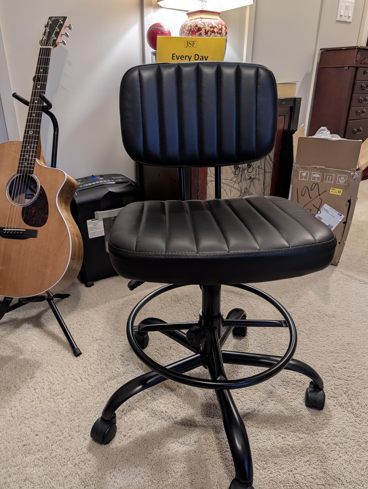 DUMOS Armless Drafting Chair, Low Back Office Seat with Adjustable Footrest Ring for Standing Desk, Ergonomic PU Leather Office Seating, Swivel Rolling High Stool for Studio, Lab, Counter, Black customer photo 1