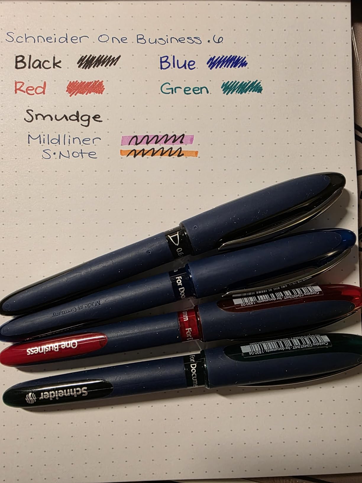 Schneider One Business Rollerball Pen, 0.6 mm Ultra-Smooth Tip, Blue Barrel, Four-Pack, One Each of: Black, Red, Blue, Green customer photo 1