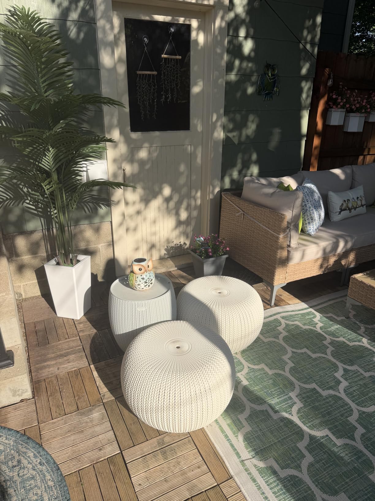 Keter Urban Knit Pouf Ottoman Set of 2 with Storage Table for Patio and Room Decor - Perfect for Balcony, Deck, and Outdoor Seating, Misty Blue & Taupe customer photo 1