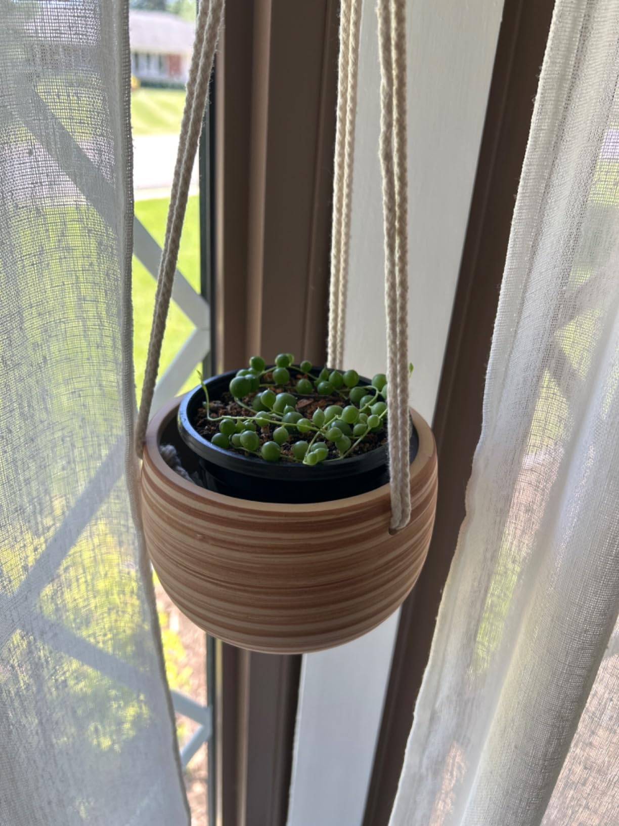 Mkono Ceramic Hanging Planter Macrame Plant Holder 5 Inch Cute Succulent Cactus Pot with Cotton Rope Hanger for Indoor Outdoor Decor, 1 Pack customer photo 1