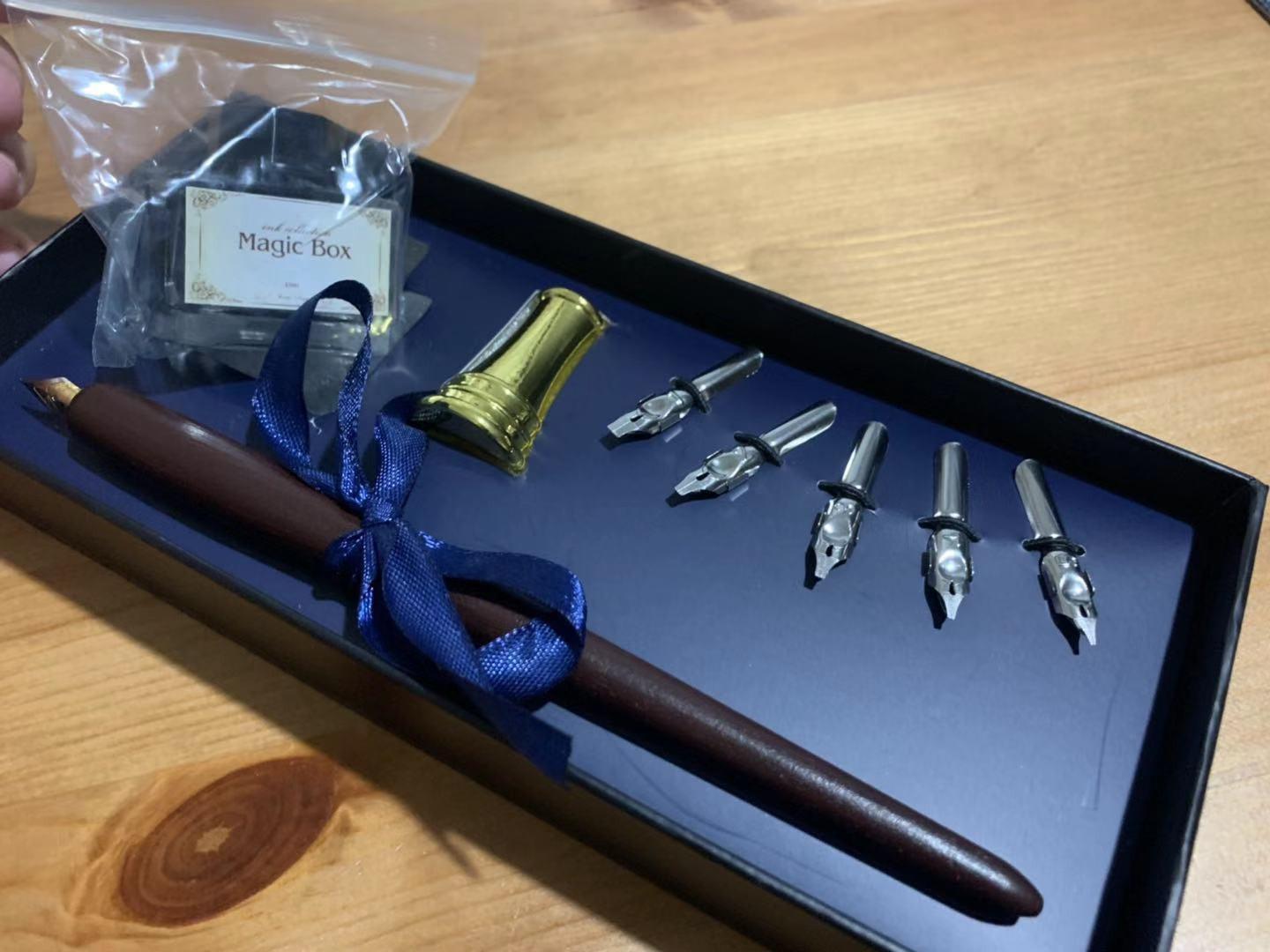 Plotube Calligraphy Pen Set, 11 Nibs, Black Ink, Pen Stand | Wooden dip pen for writing, 11 calligraphy pens nibs, 1 bottle of black ink, golden pen stand, beginners' manual customer photo 2