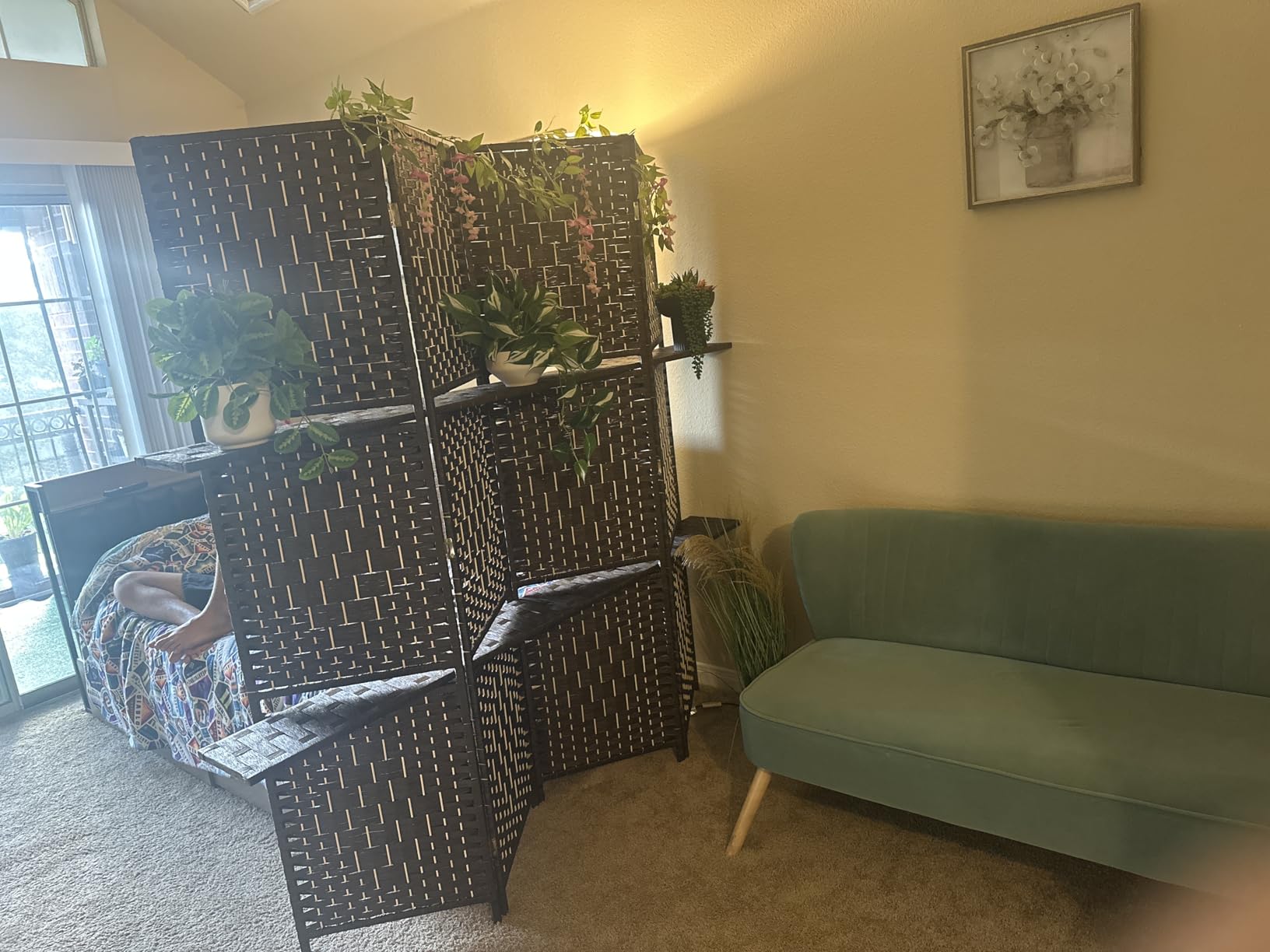 FDW Room Divider 4 Panel Room Screen Divider Wooden Screen Folding Portable Partition Screens Wood with Removable Storage Shelves, Brown customer photo 2